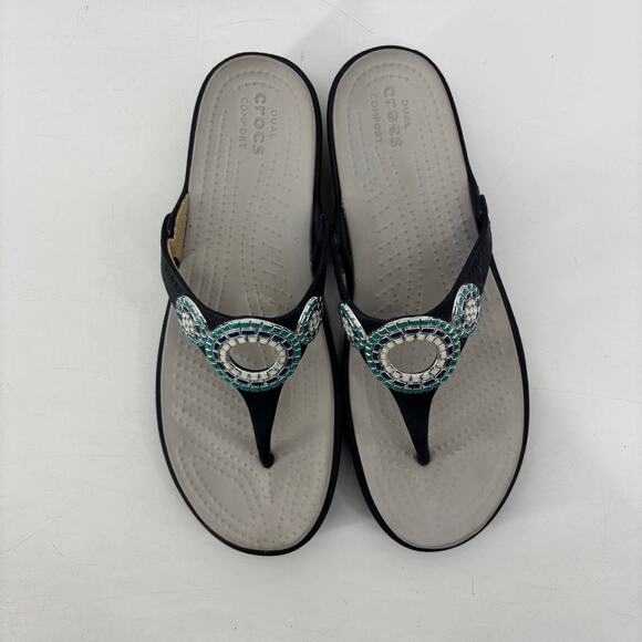 Crocs Sanrah Sandals Womens Sz 9 Blue Beaded Comfort Thong Flip Flop - Picture 7 of 12